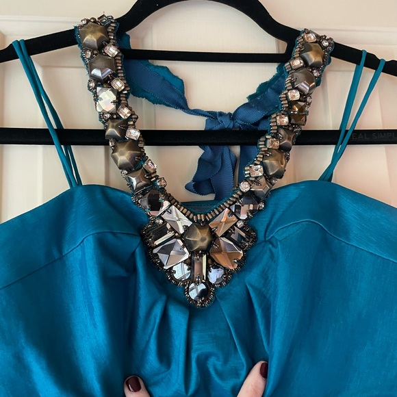 Badgley Mischka Teal Halter Dress with Jewel Neckline - size 6 - Picture 2 of 6